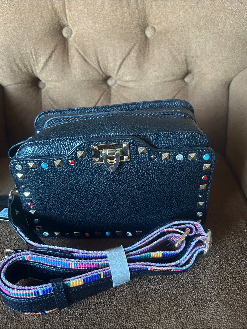 Black Studded Crossbody Bag with Colorful Strap